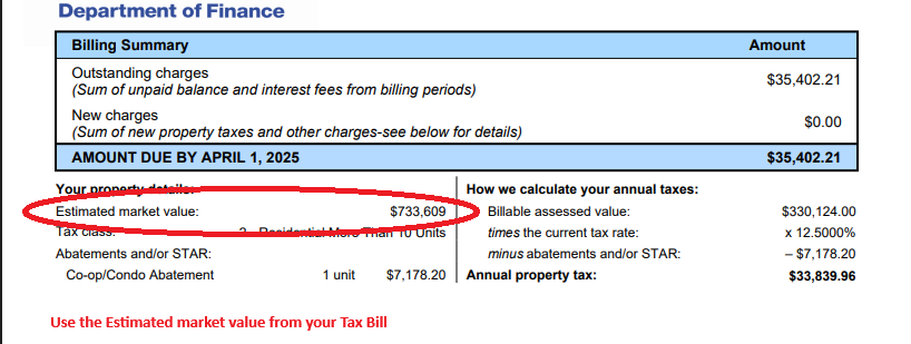 NYC DOF tax bill showing Estimated market value field